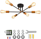 Ceiling light fixture with gold and black design, including light bulbs and installation parts on a white background.